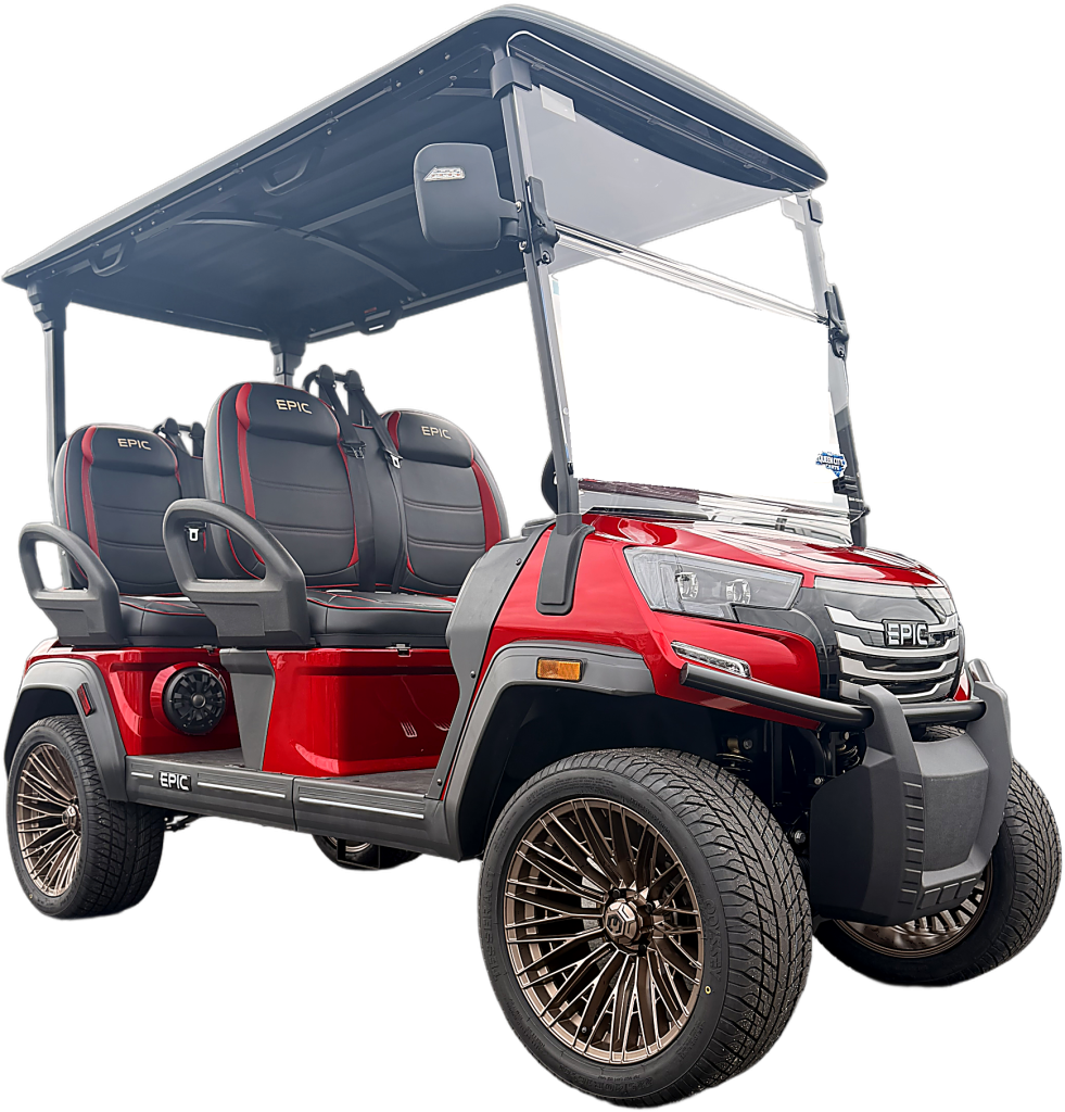 Custom red Epic street-legal golf cart with bronze wheels