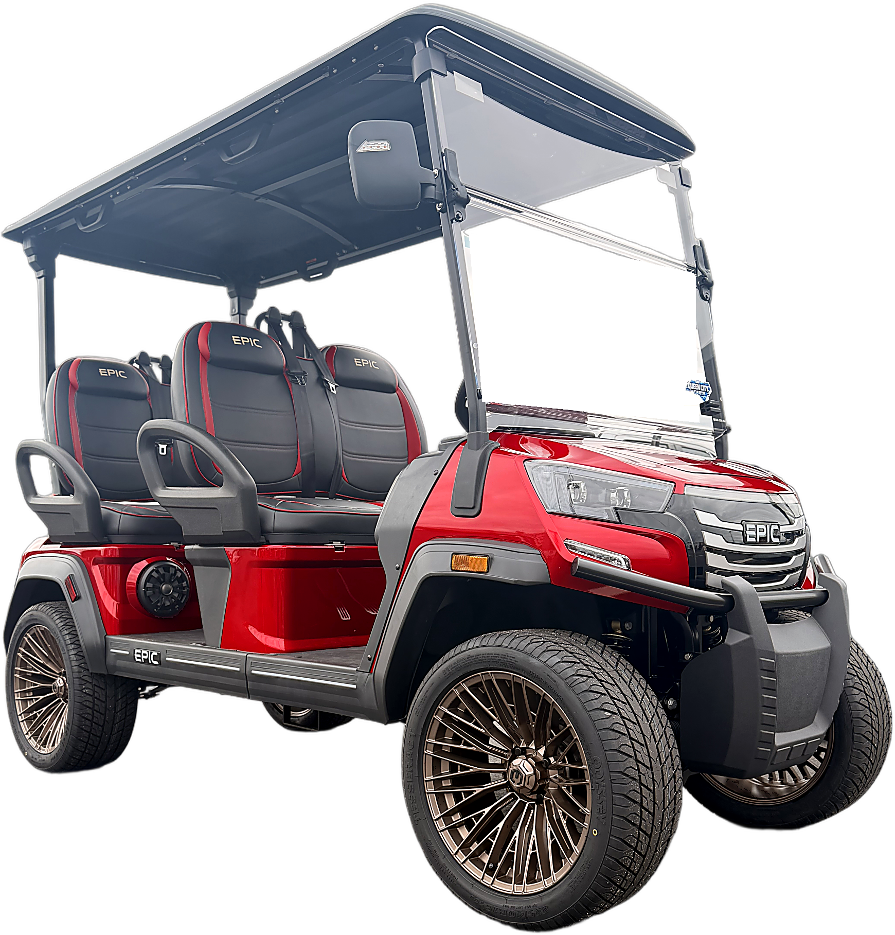 Custom red Epic street-legal golf cart with bronze wheels
